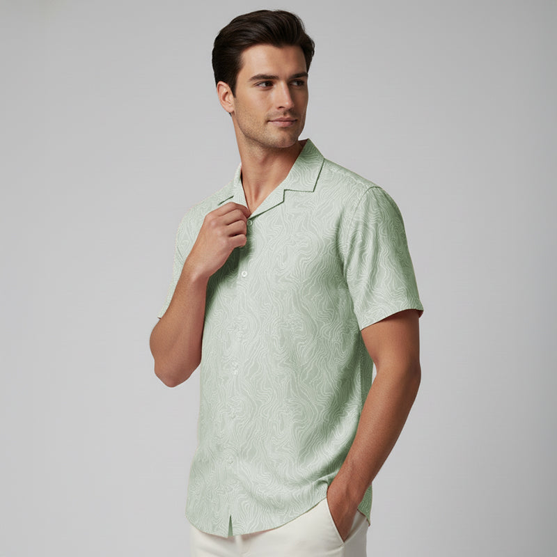Green Swirl Printed Cuban Collar Half Sleeve Shirt For men