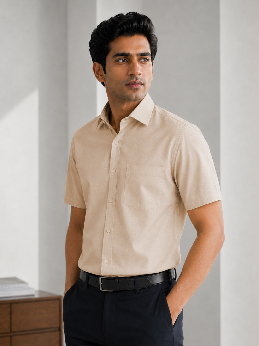 Half Sleeve Paper Cotton Cream Shirt for Men