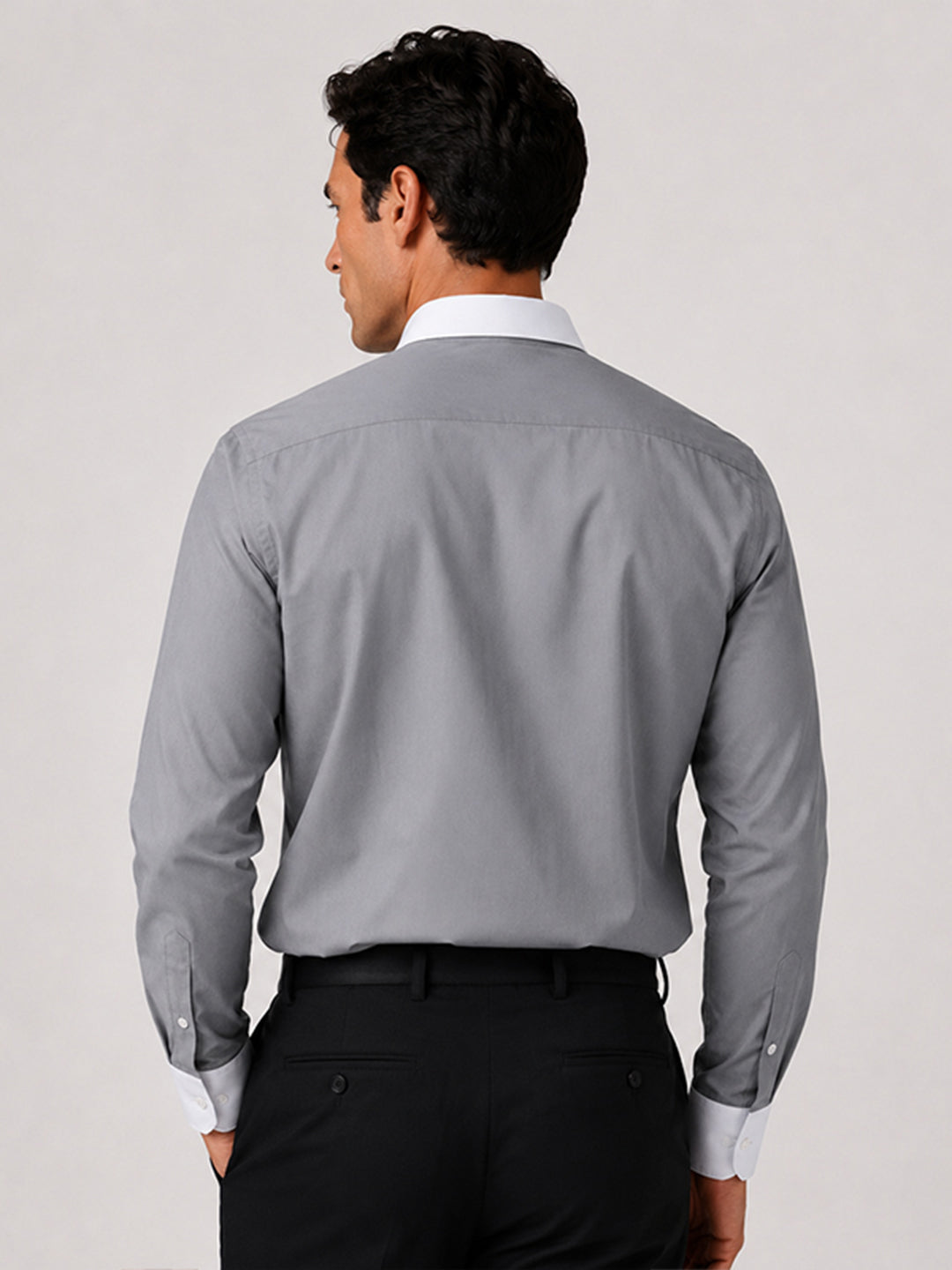 White Collar Dark Grey Oxford Cotton Shirt For Men