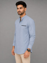 Urban Fit Light Blue Short Linen Kurta For Men