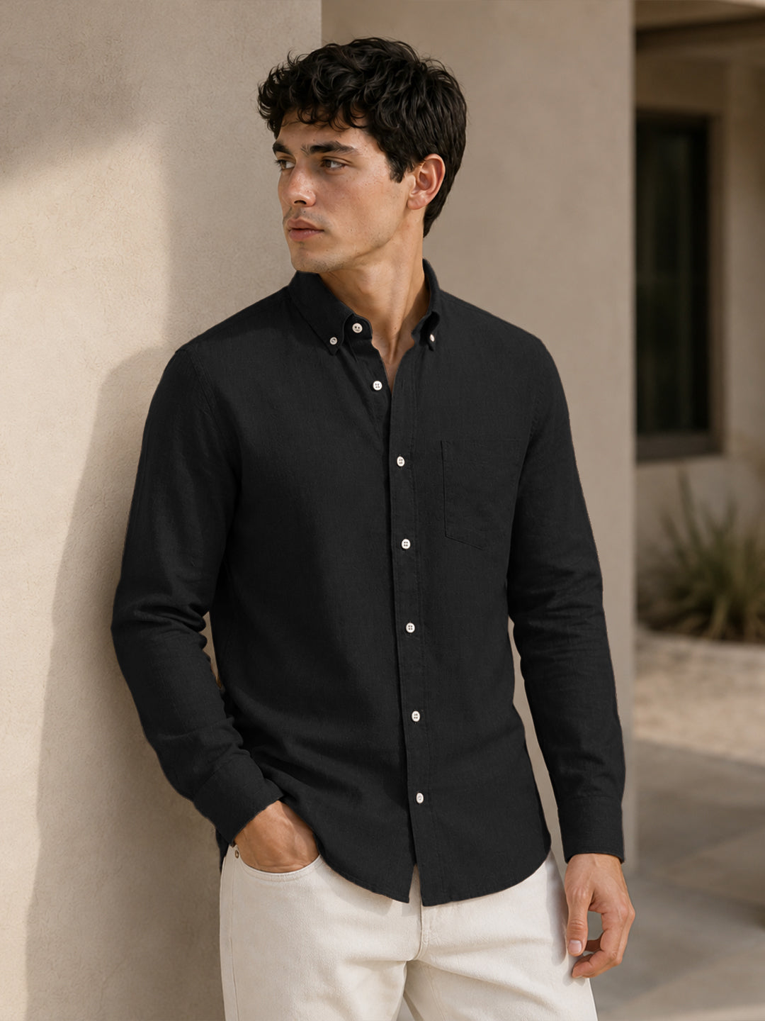 Black Down Button Casual Linen Shirt