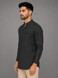 Urban Fit Dark Grey Short Linen Kurta For Men