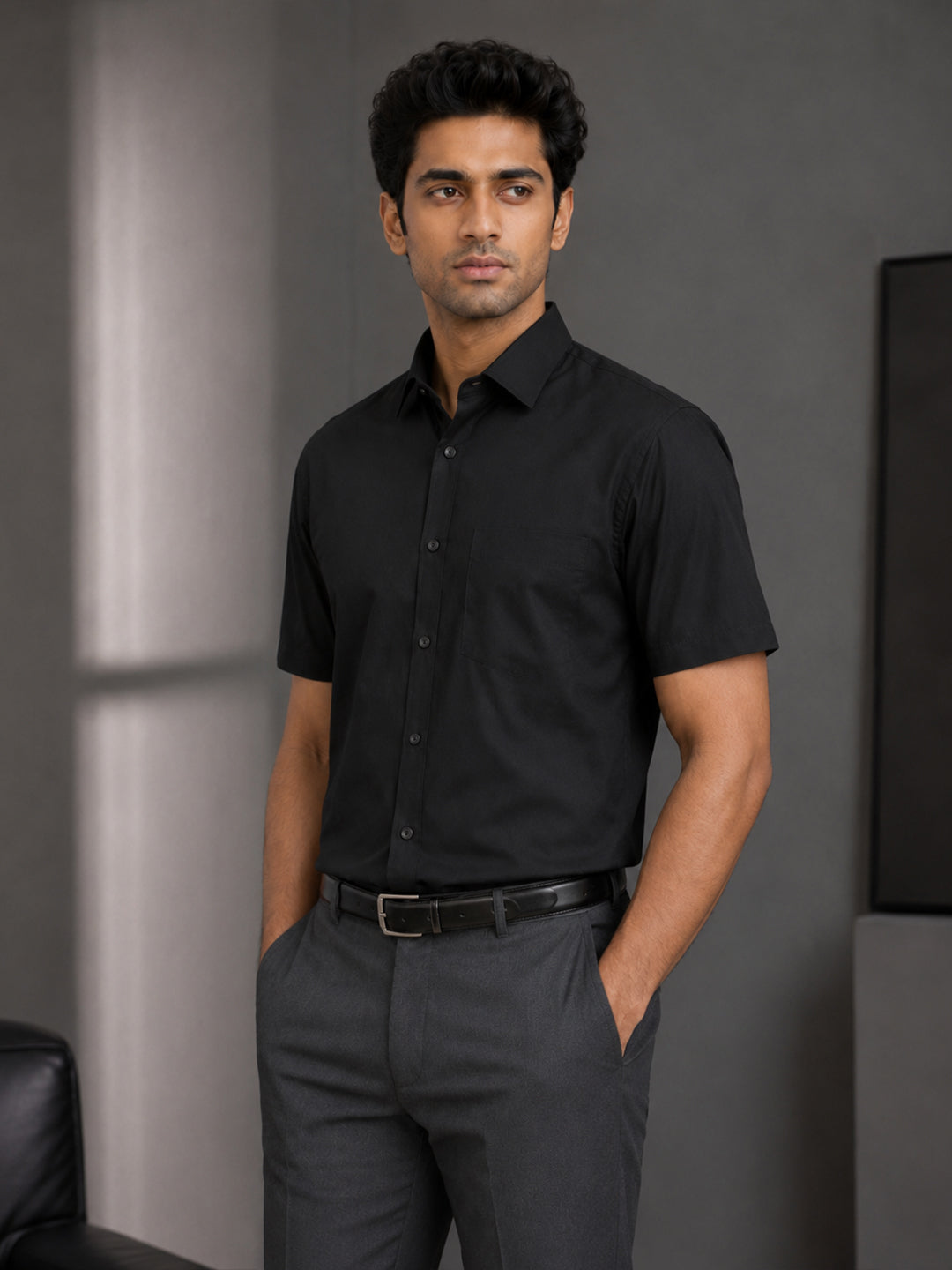 Half Sleeve Paper Cotton Black Shirt for Men