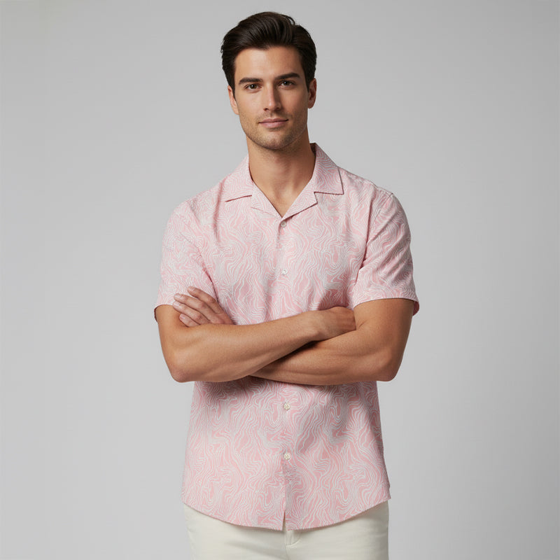 Soft Pink Swirl Printed Cuban Collar Half Sleeve Shirt For men