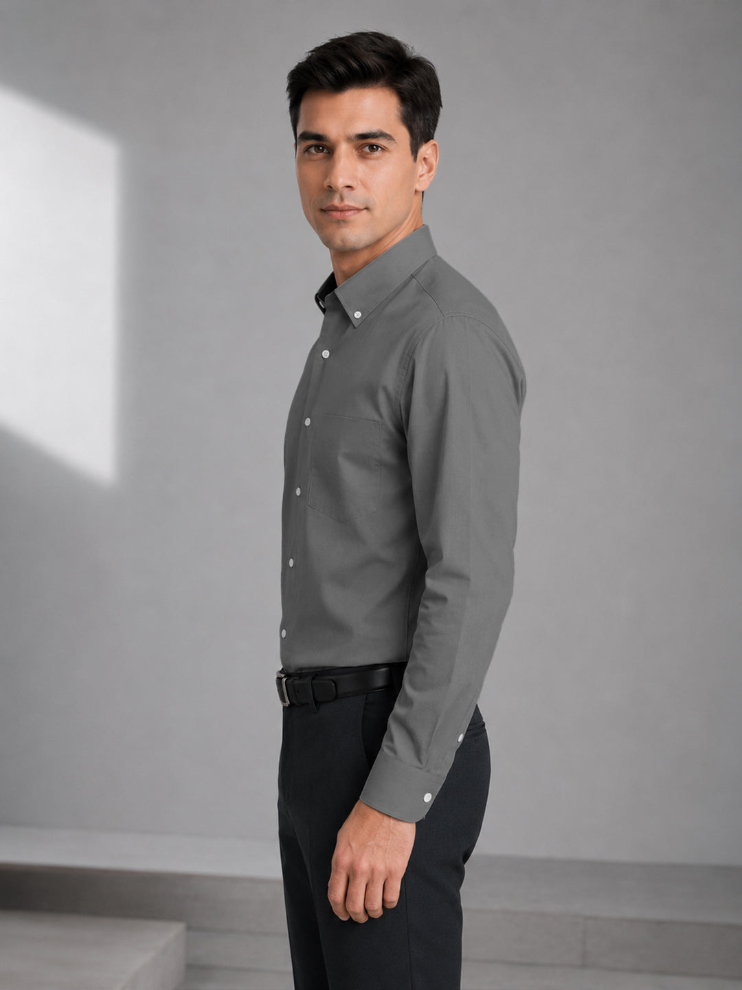 Dark Grey Satin Contrast Collar Shirt for Men