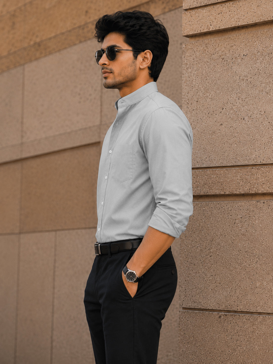 Chinese Collar Silver Tailored Fit Cotton Casual Shirt for Man