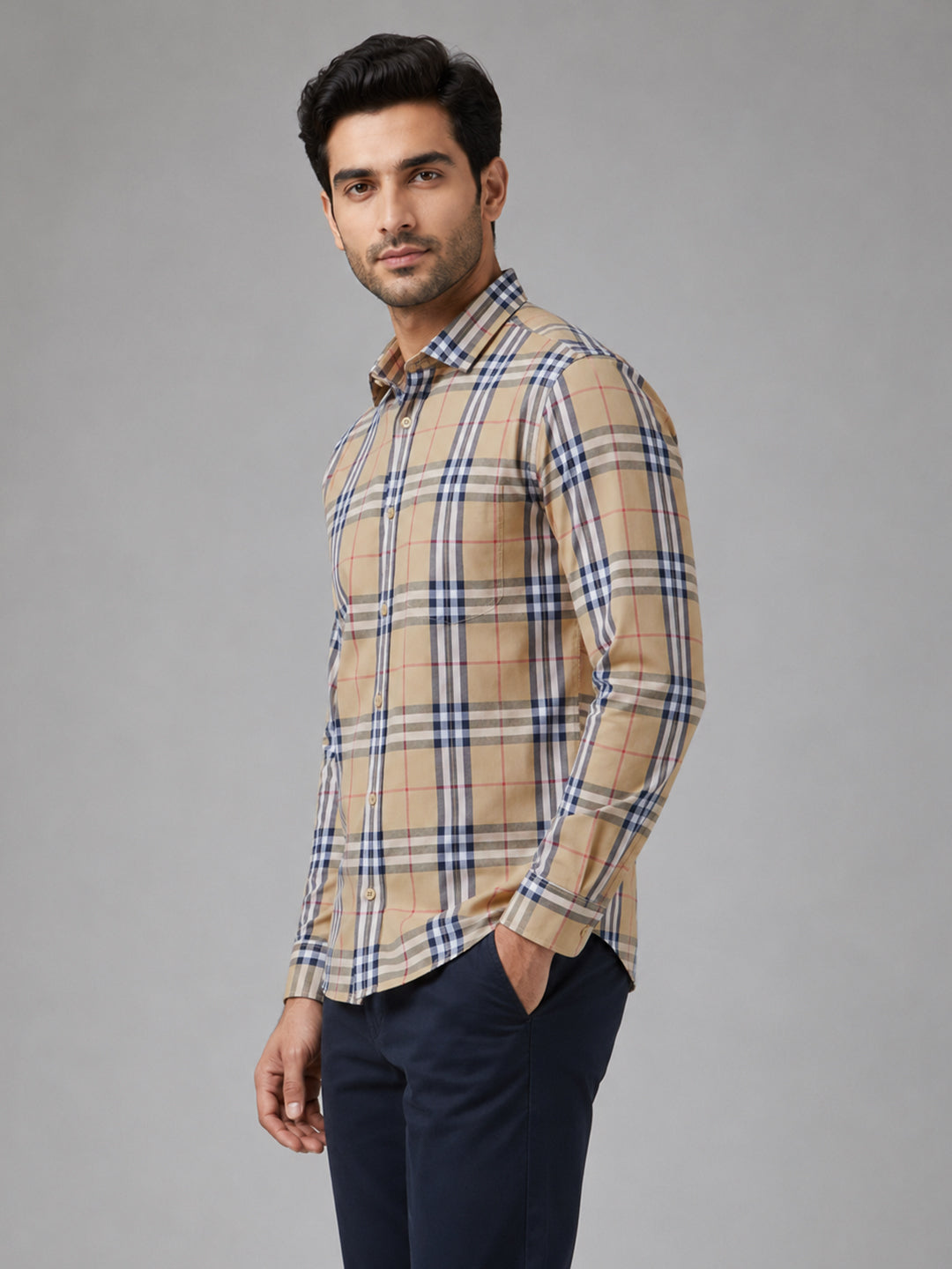 Mustard Tartan Check Cotton Shirt For Men