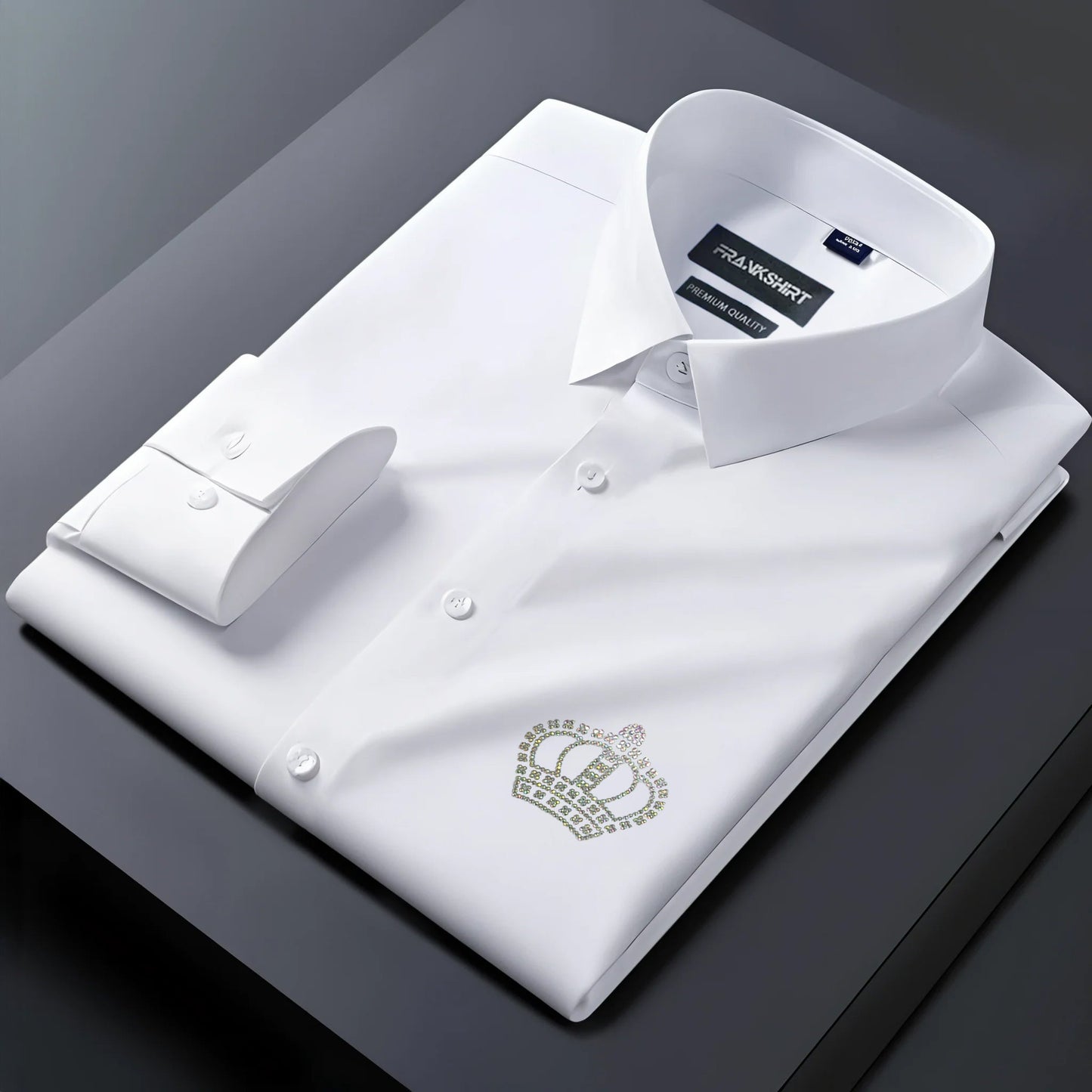 White dress shirt with a logo on a dark background