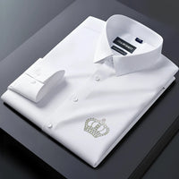 White dress shirt with a logo on a dark background