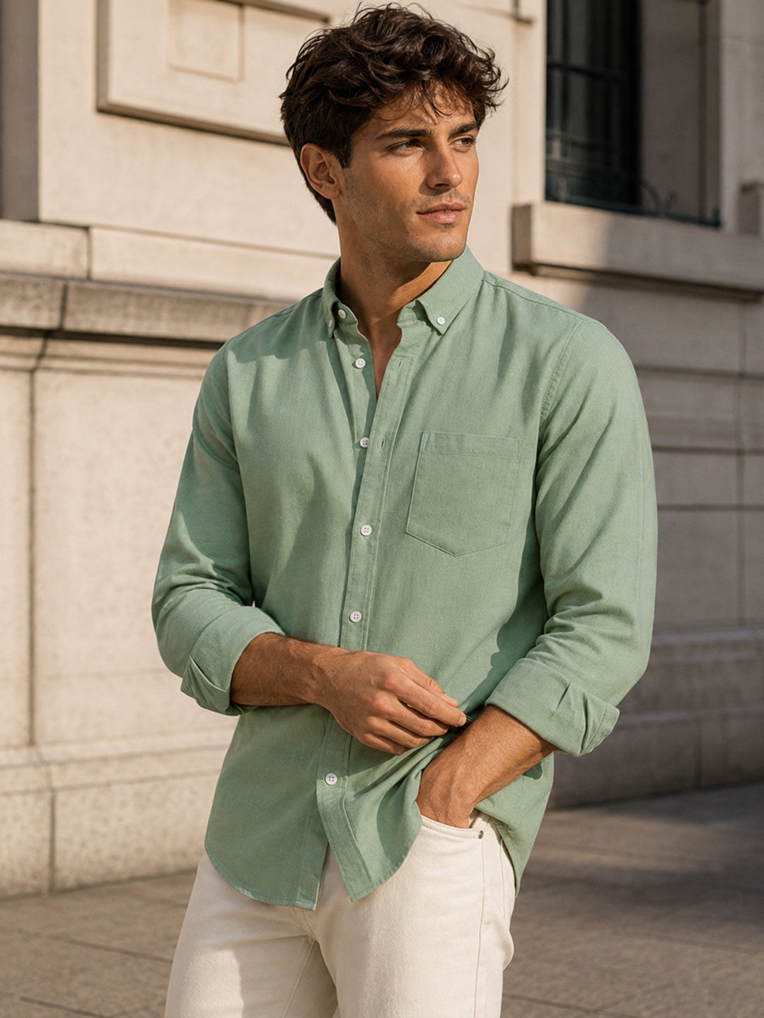 Casual Oxford Cotton Sea Green Shirt For Men