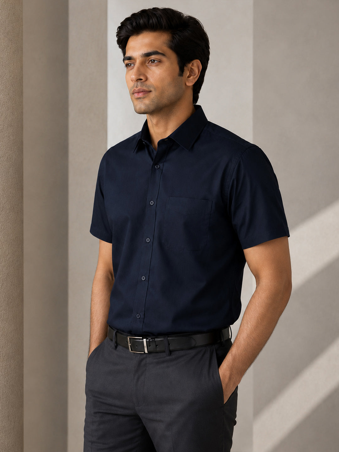 Half Sleeve Paper Cotton Deep Navy Shirt for Men