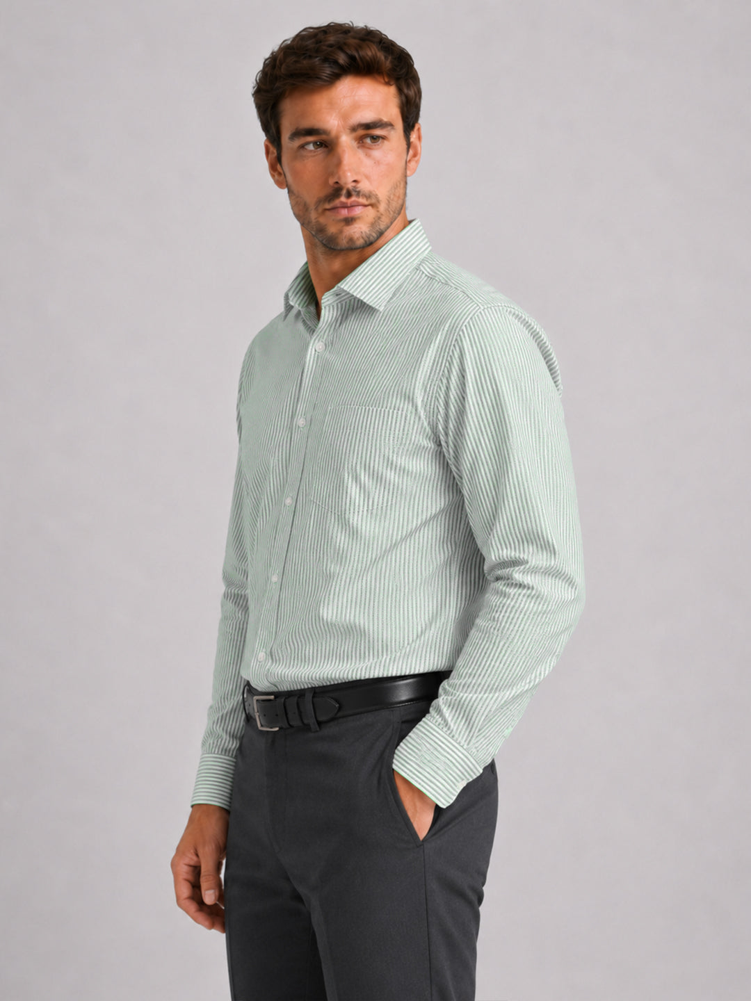 Dark Green Stripe Oxford Shirt For Men