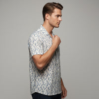 Slate Blue Leaf Printed Cuban Collar Half Sleeve Shirt For men