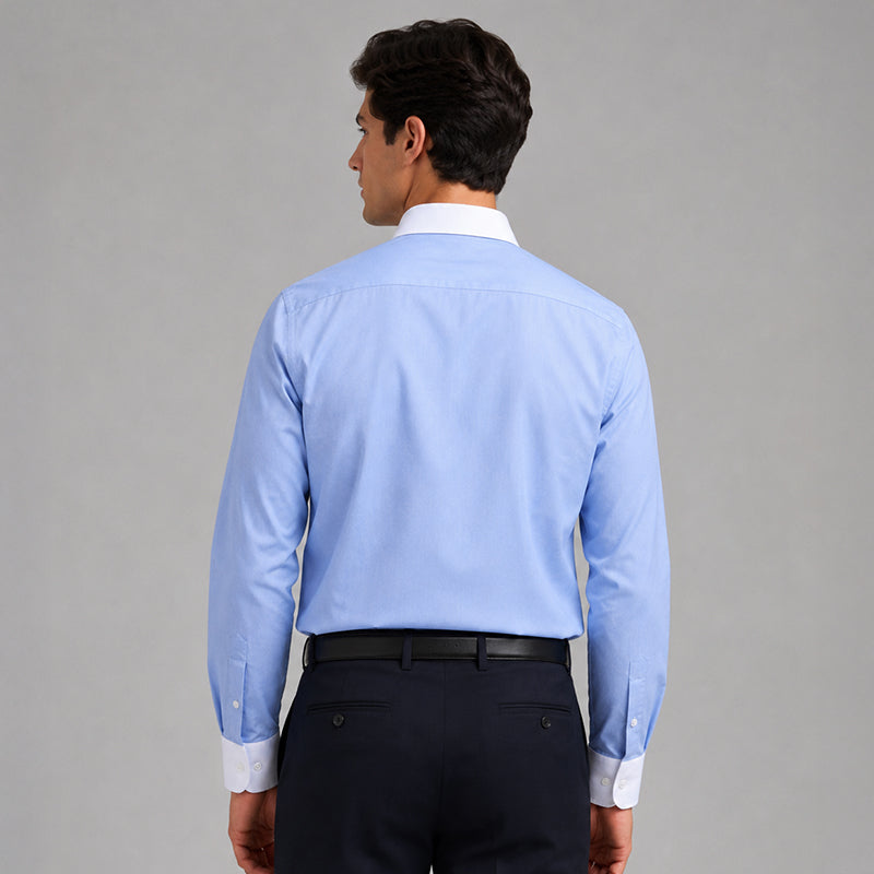 White Collar Denim Blue Oxford Cotton Shirt For Men