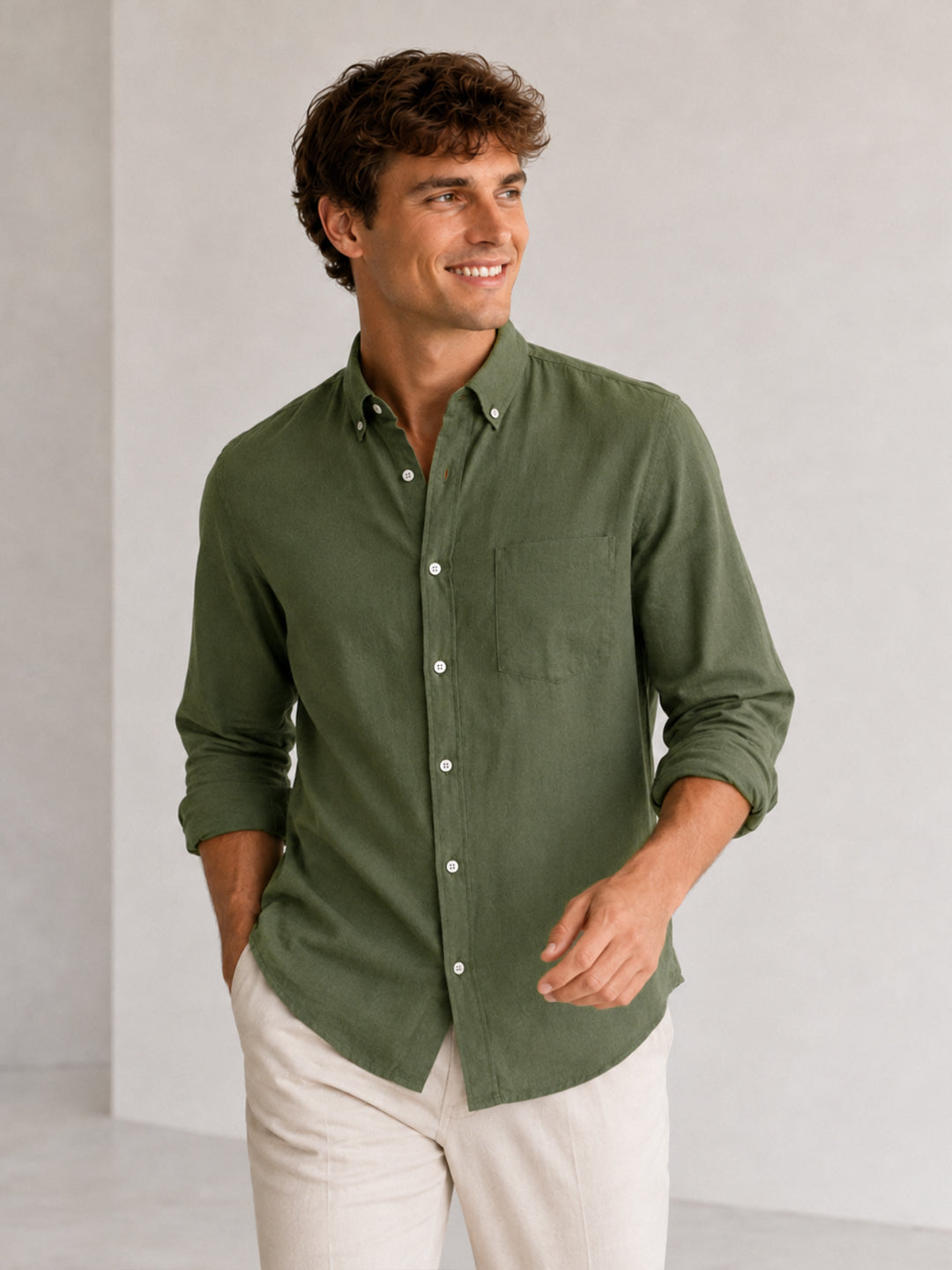 Olive Down Button Casual Linen Shirt