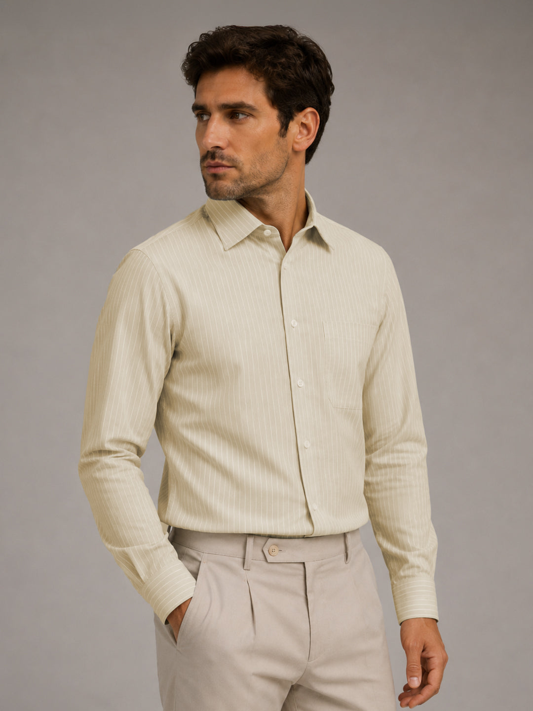 Cream Pinstripe Oxford Shirt For Men