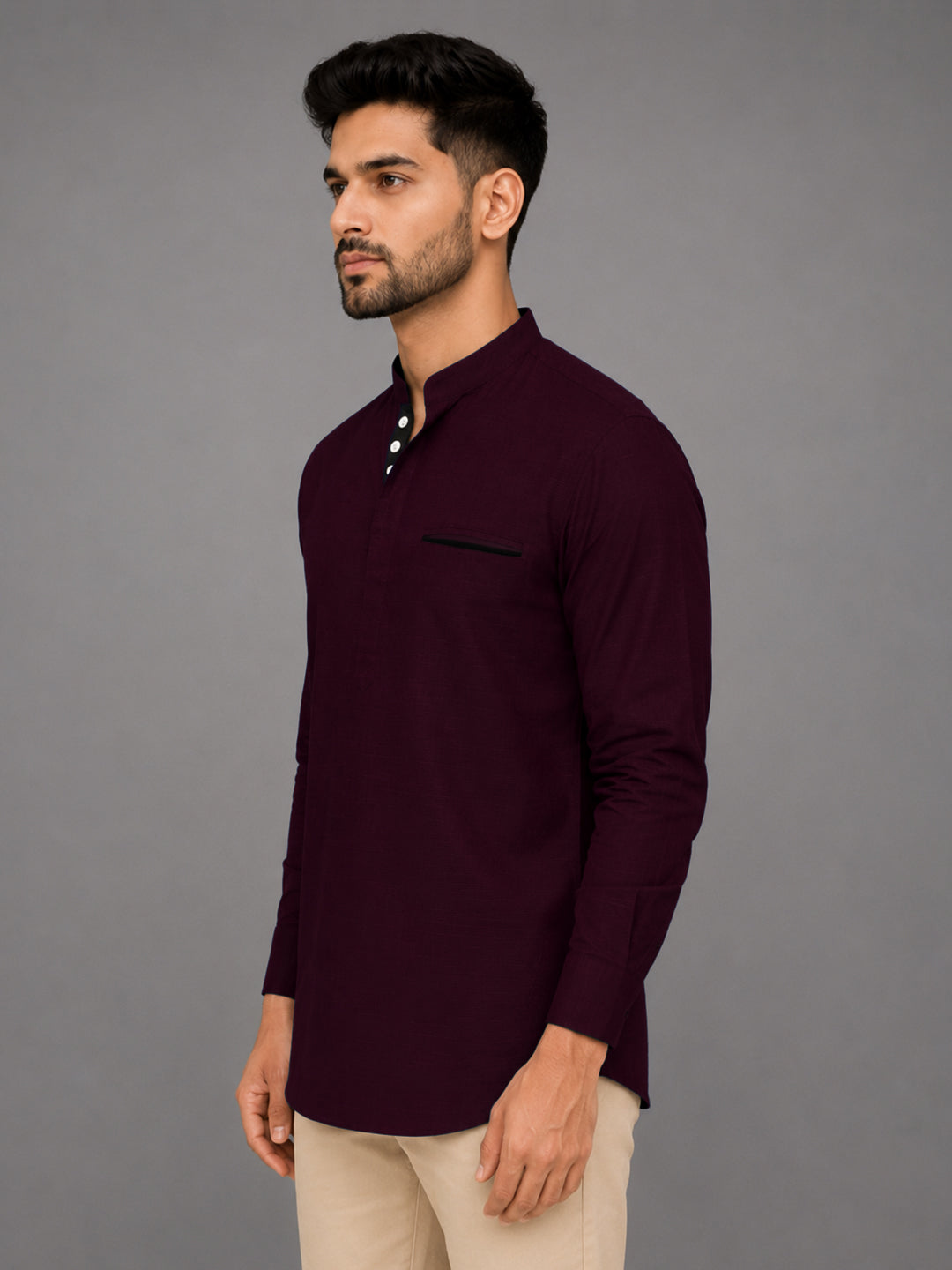 Urban Fit Wine Short Linen Kurta For Men