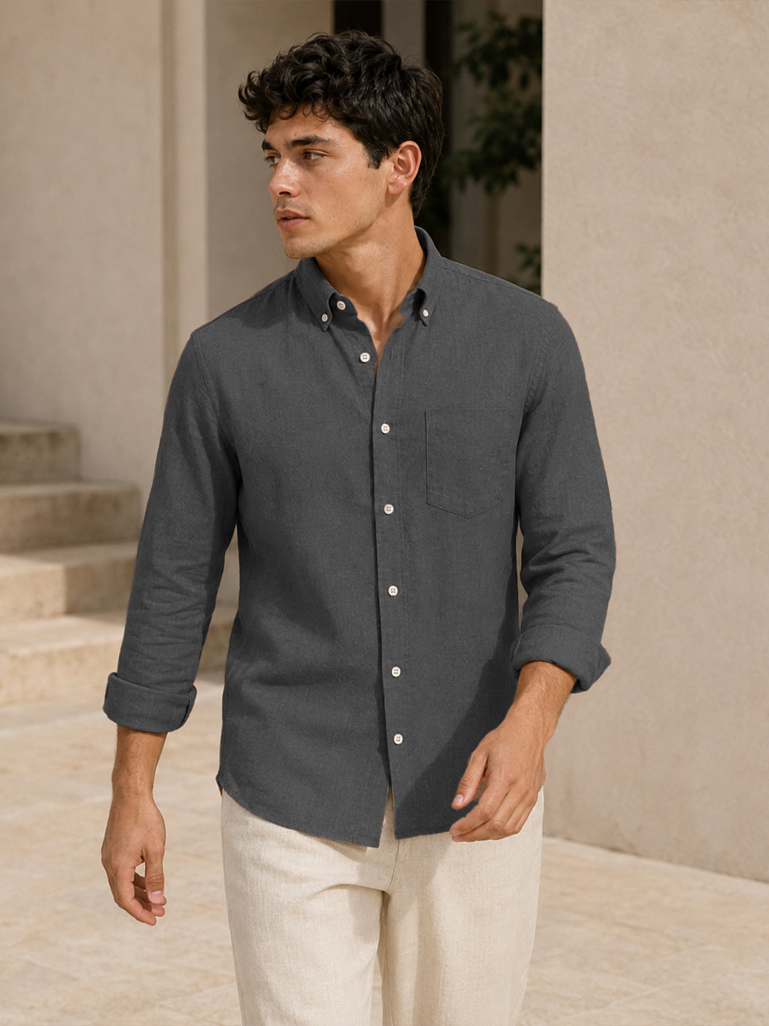 Dark Grey Down Button Casual Linen Shirt