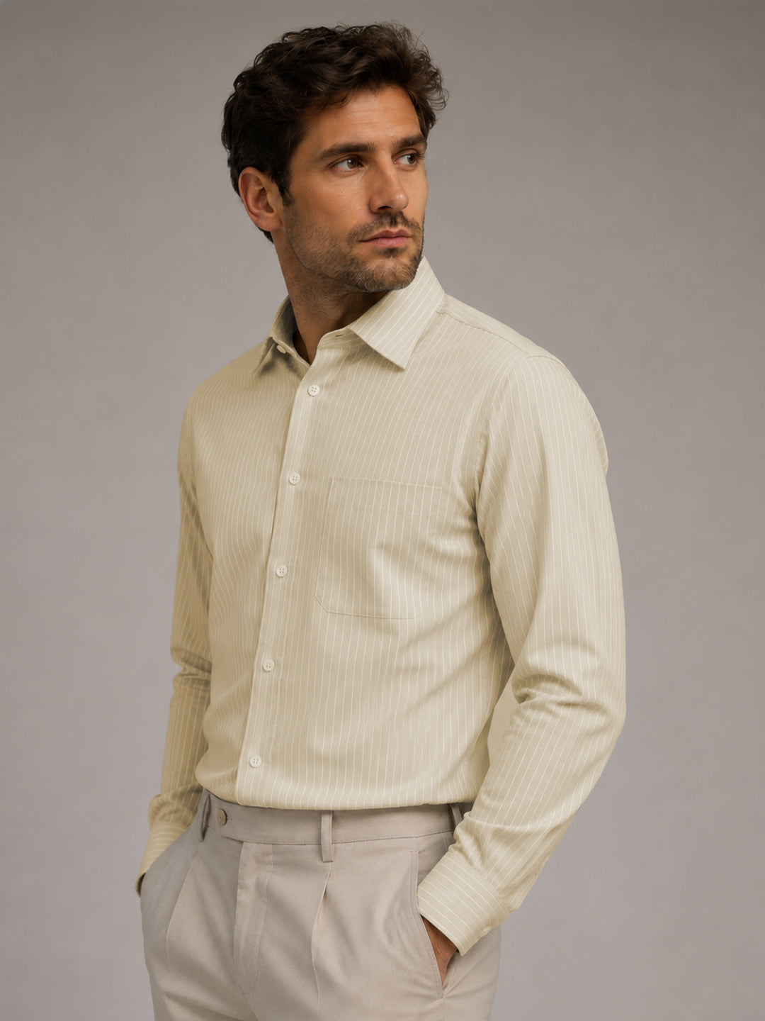 Cream Pinstripe Oxford Shirt For Men