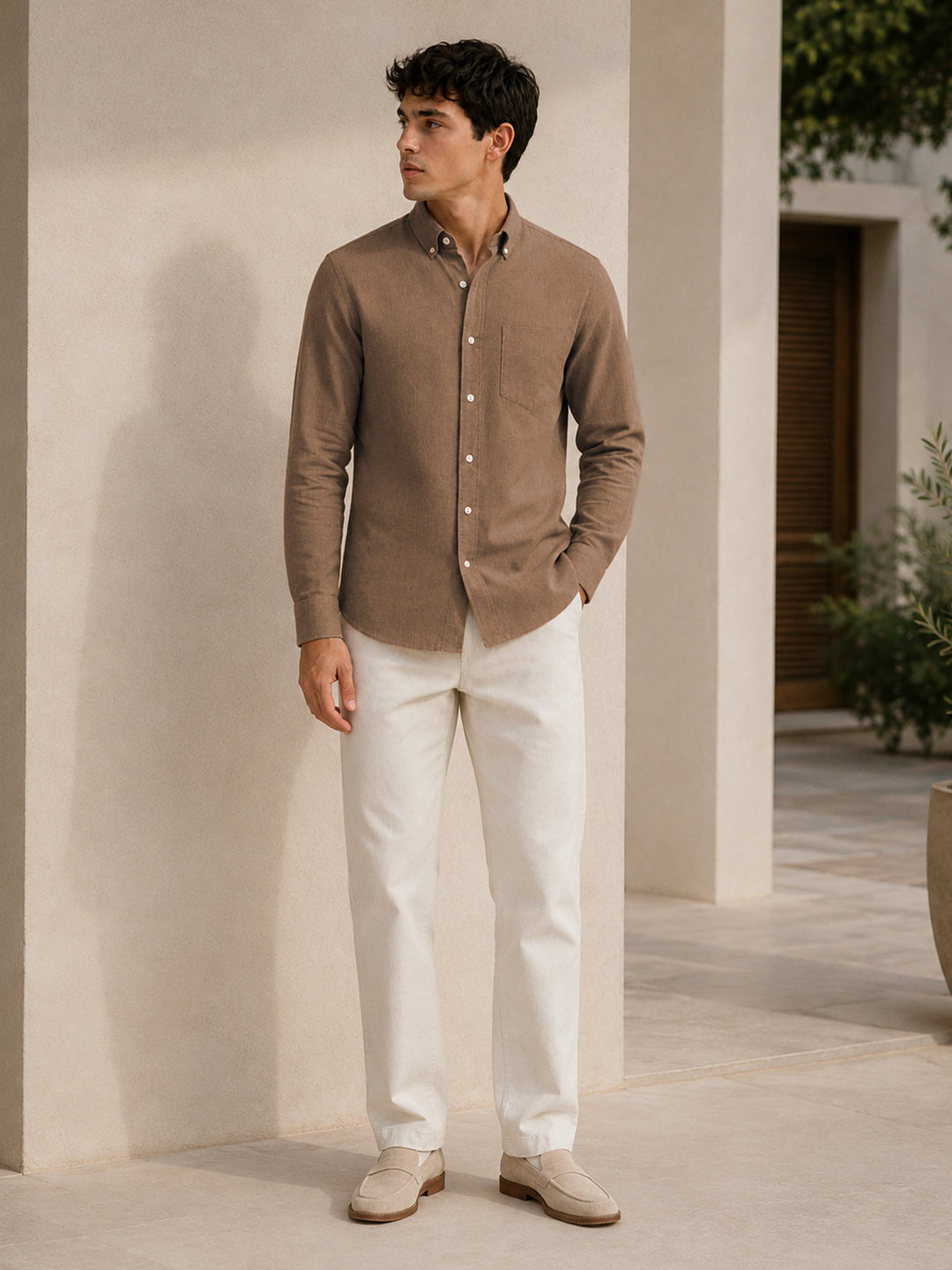 Brown Down Button Casual Linen Shirt