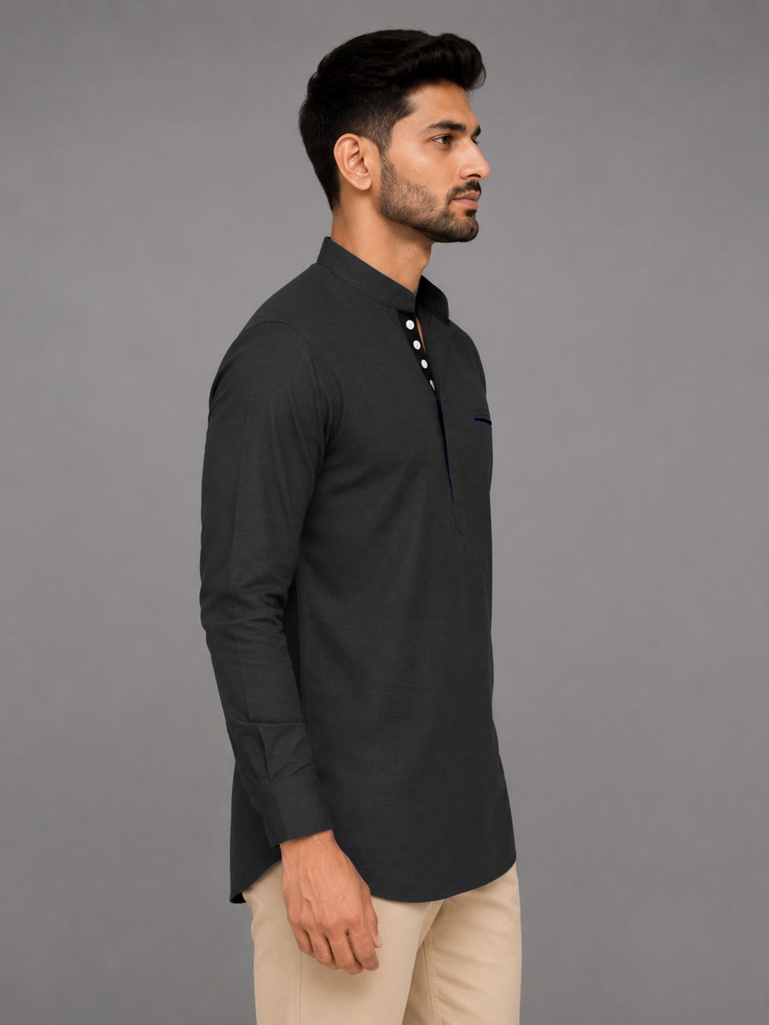 Urban Fit Dark Grey Short Linen Kurta For Men