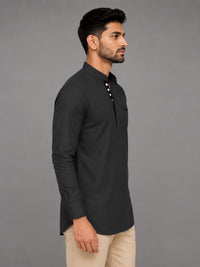Urban Fit Dark Grey Short Linen Kurta For Men