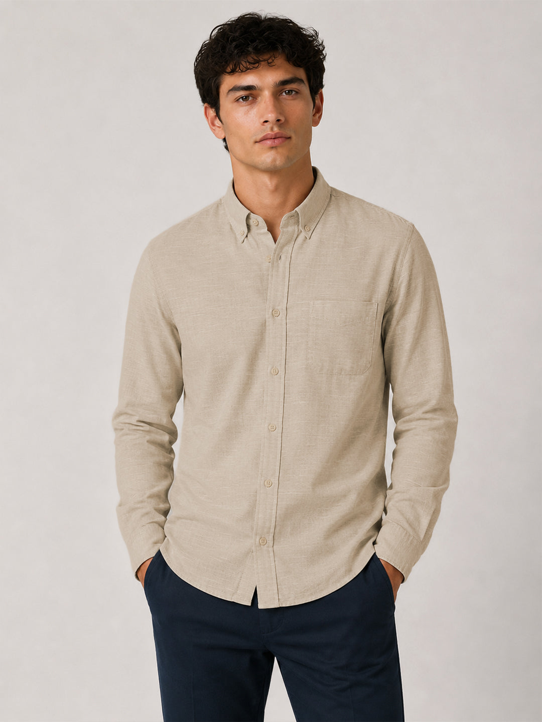 Beige Linear Linen Shirt