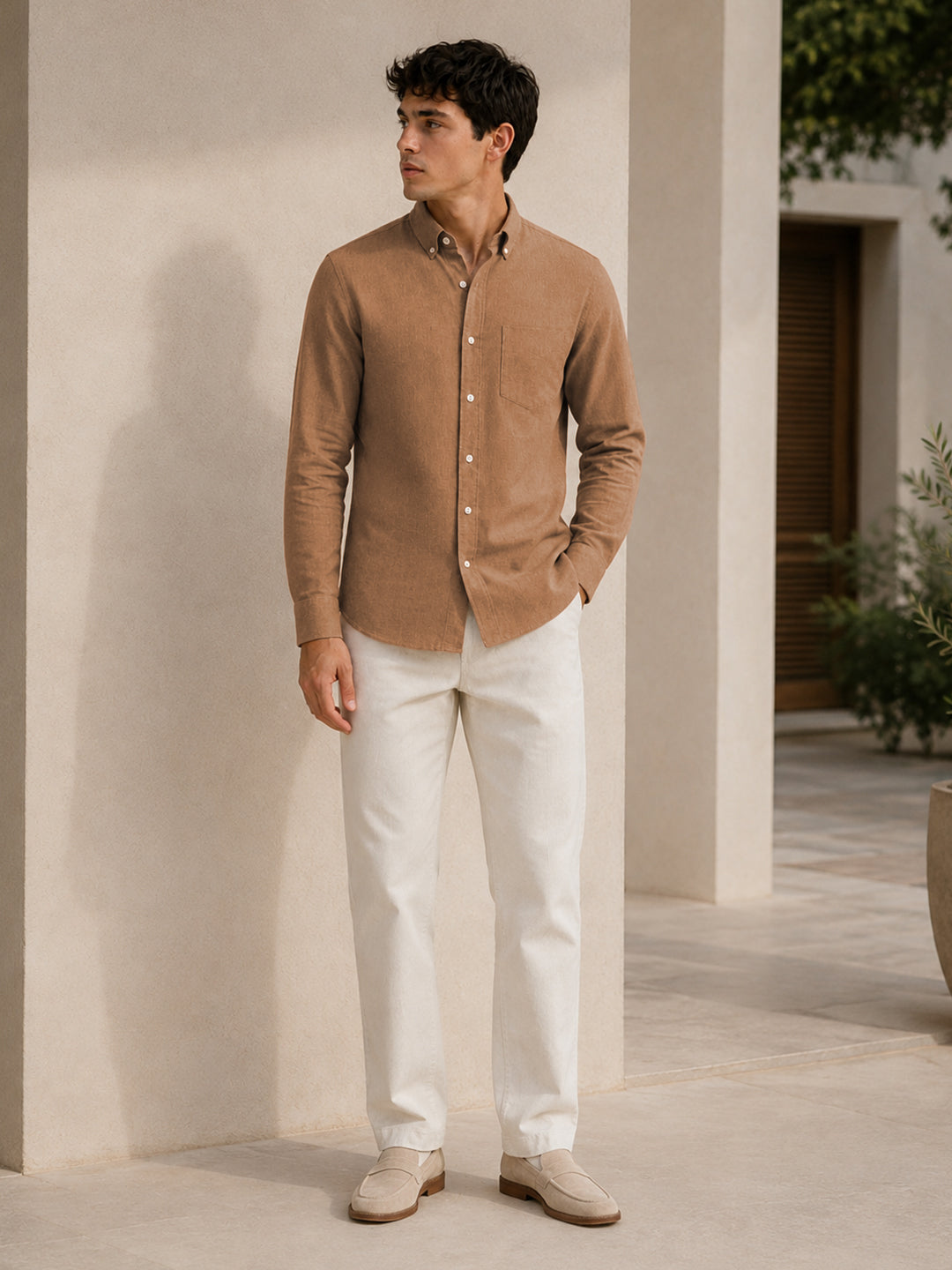 Dusty Brown Down Button Casual Linen Shirt