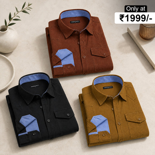 Pack Of 3 Cargo Style Mehendi, Black & Brown Shirt