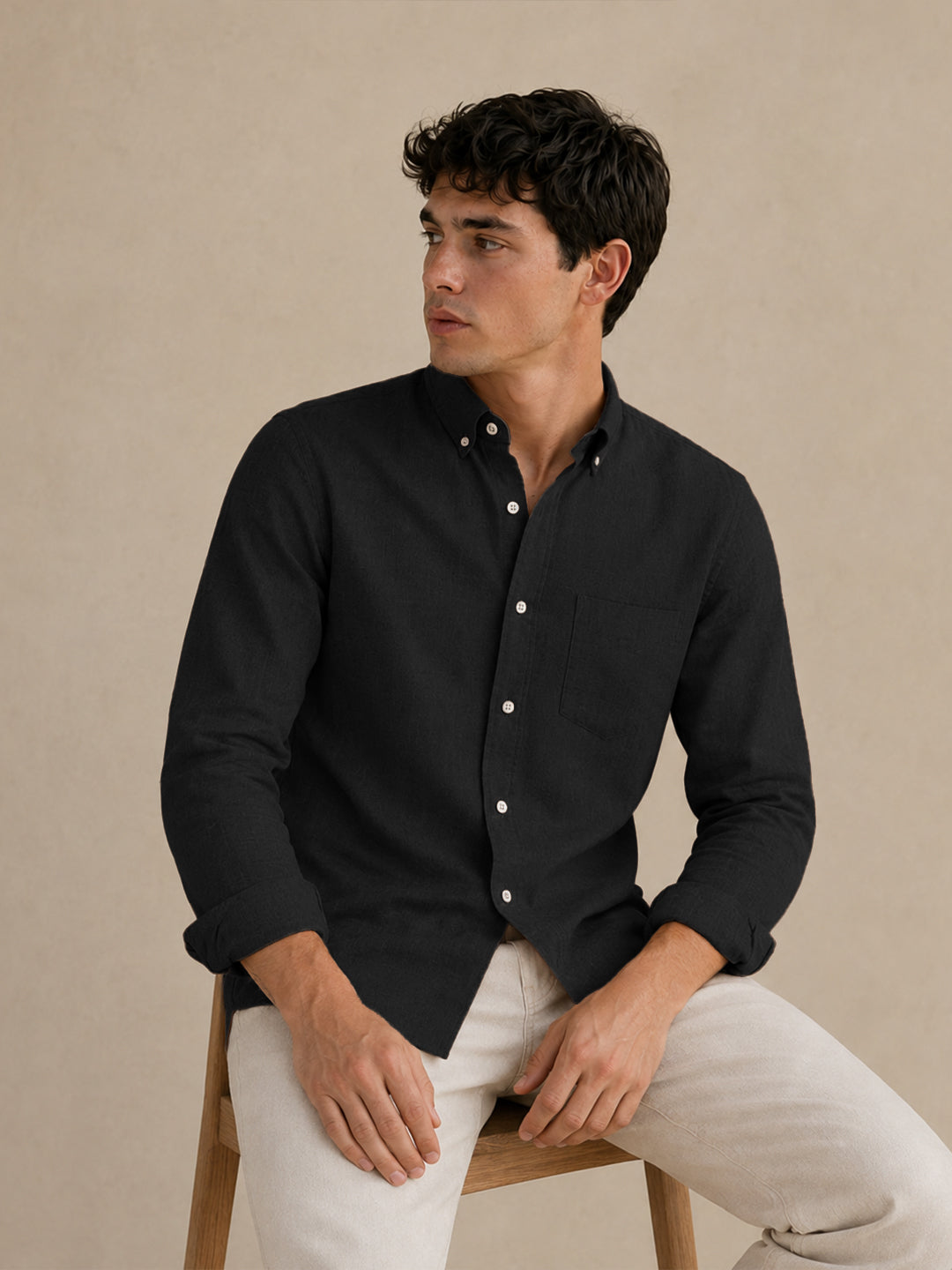 Black Down Button Casual Linen Shirt