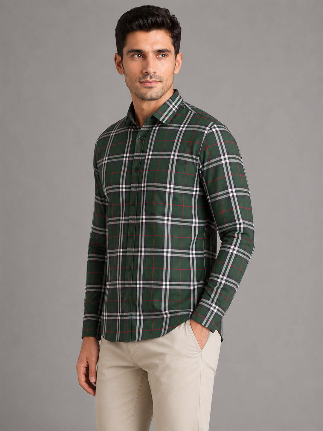 Green Tartan Check Cotton Shirt For Men