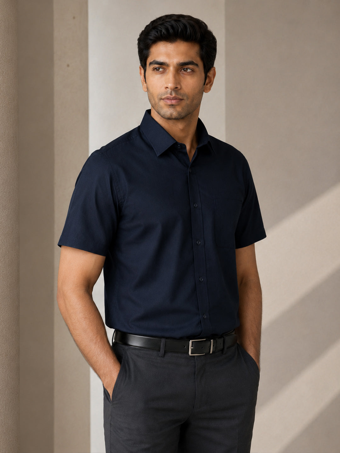 Half Sleeve Paper Cotton Deep Navy Shirt for Men