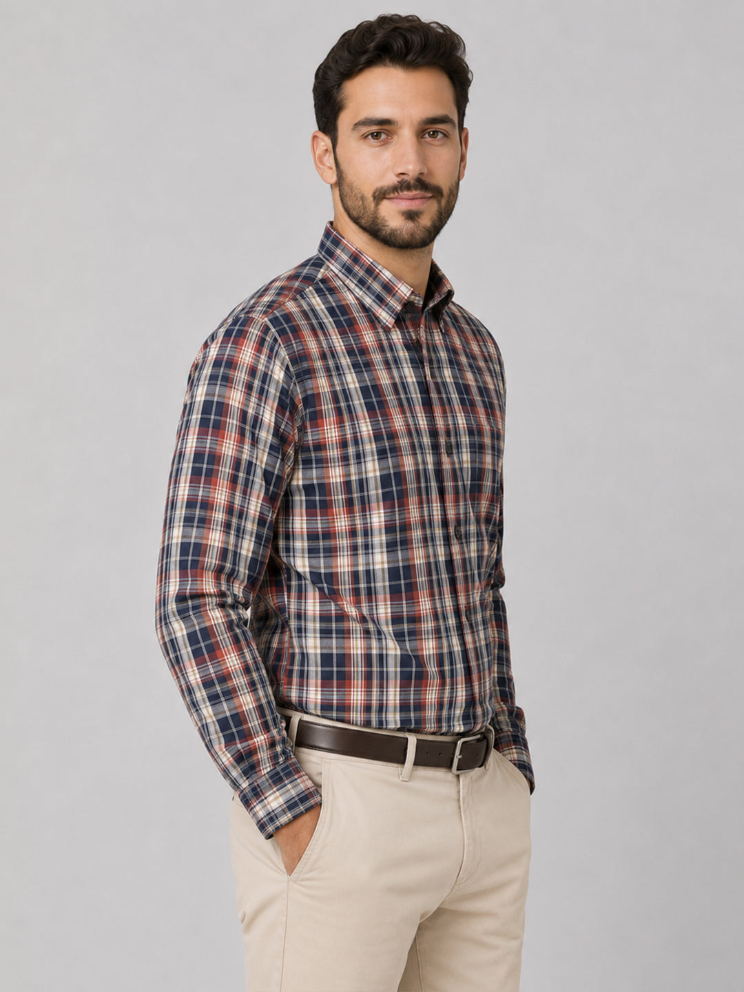 Crimson & Navy Tartan Check Cotton Shirt For Men