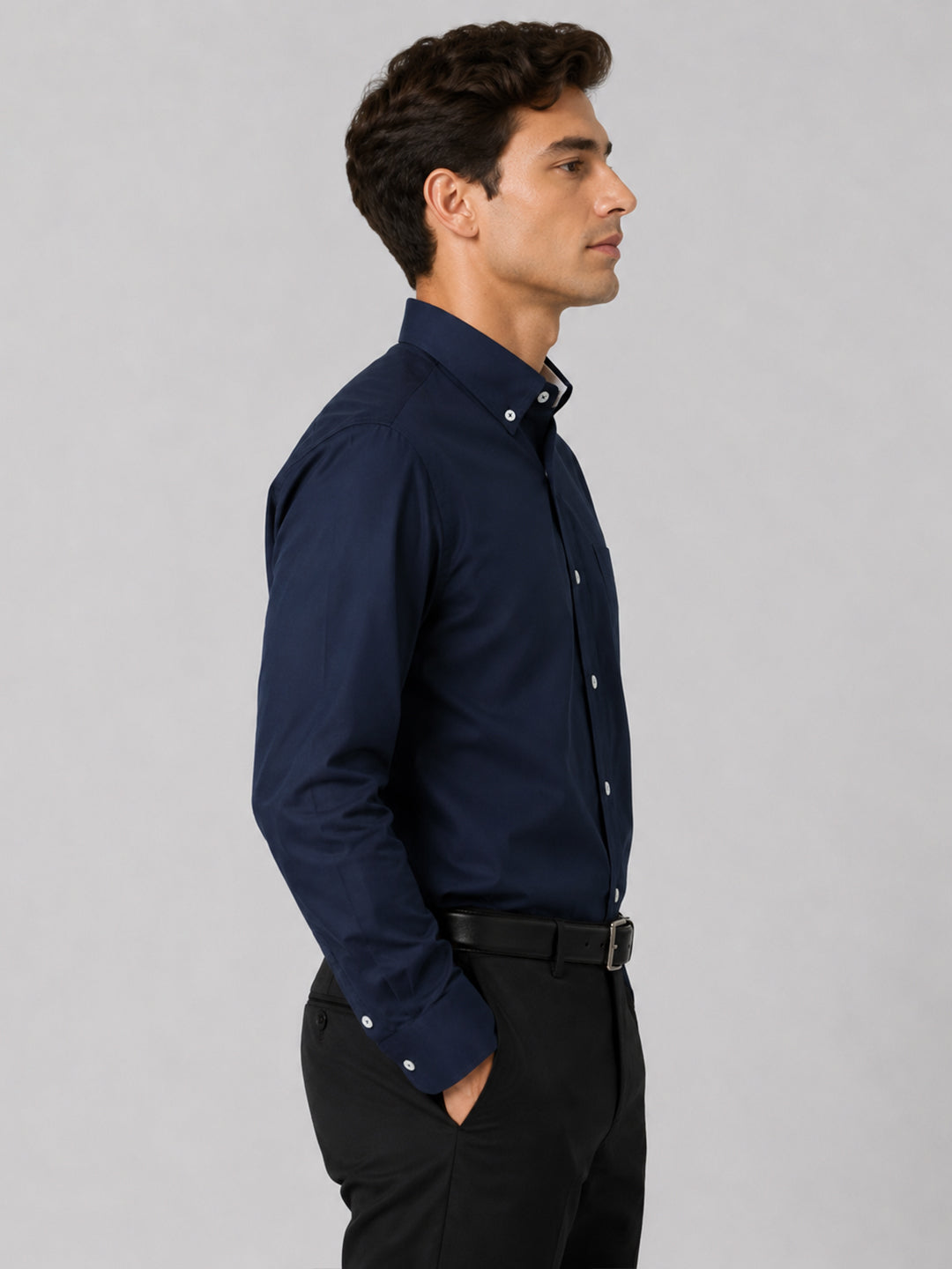Navy Blue Satin Contrast Collar Shirt for Men