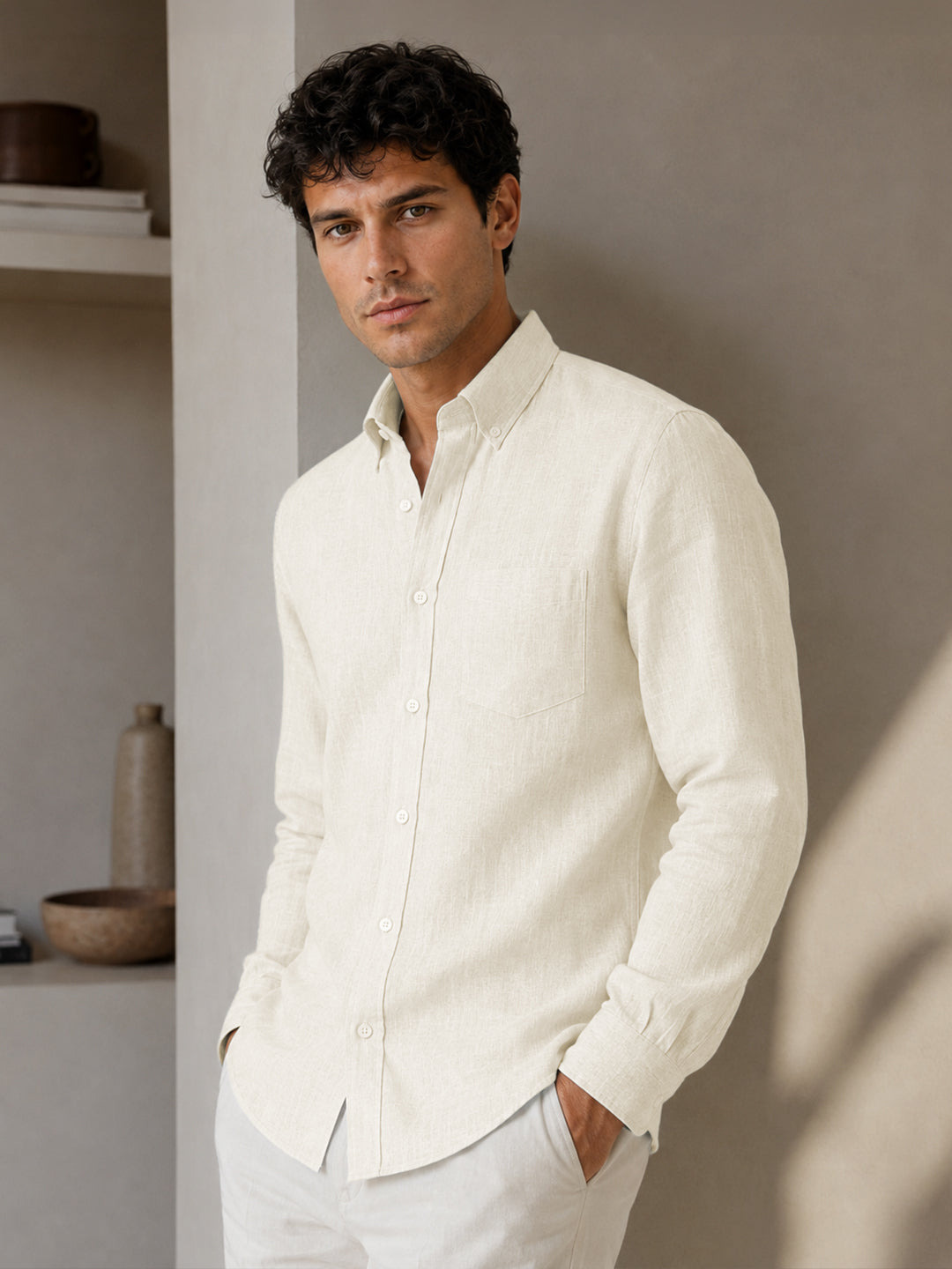 Off White Down Button Casual Linen Shirt