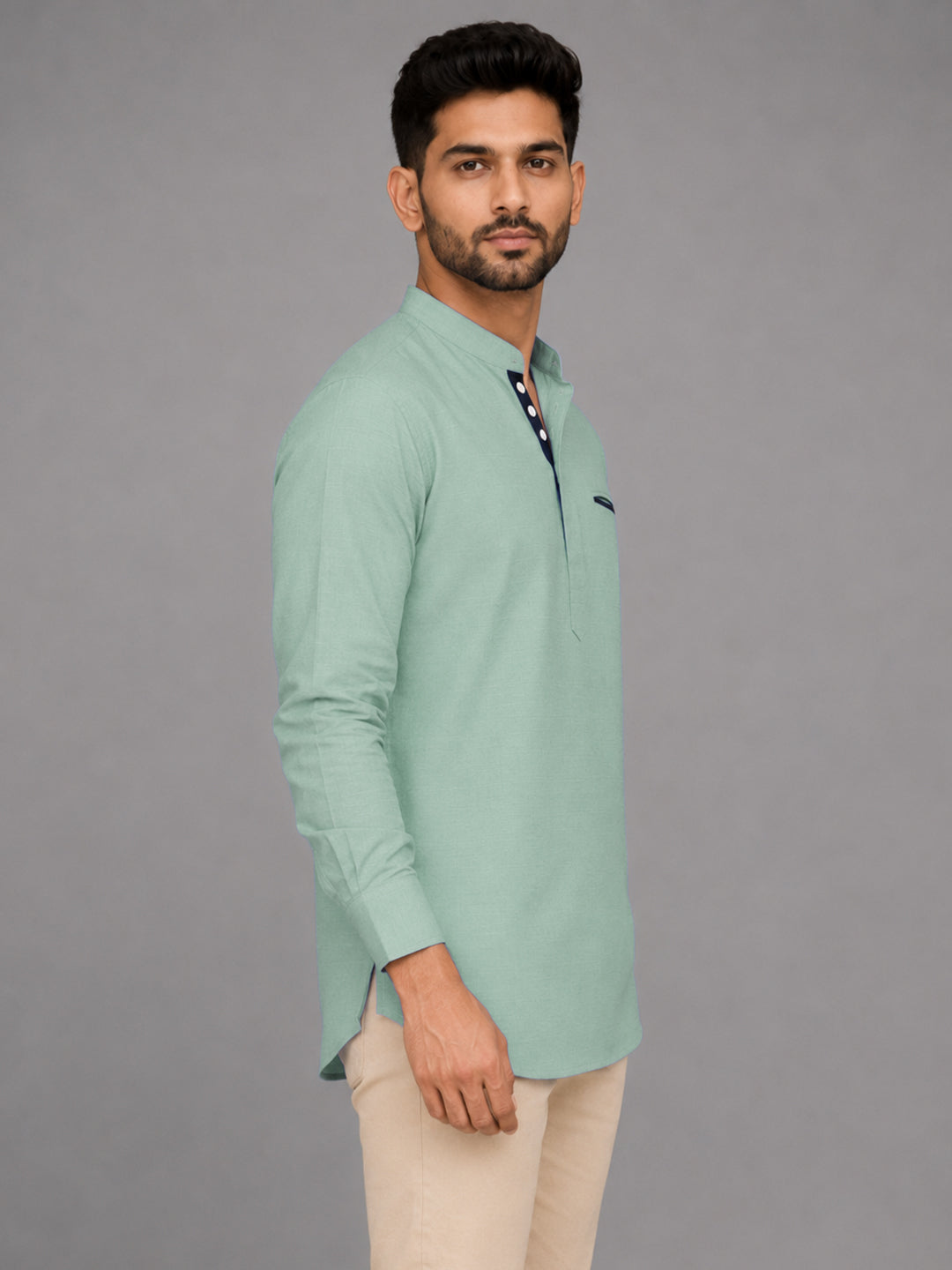 Urban Fit Sea Green Short Linen Kurta For Men