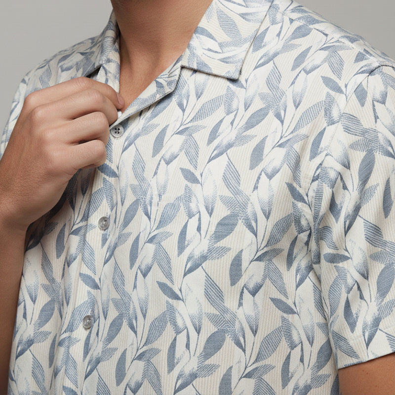 Slate Blue Leaf Printed Cuban Collar Half Sleeve Shirt For men