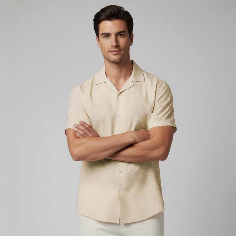 Cream Swirl Printed Cuban Collar Half Sleeve Shirt For men