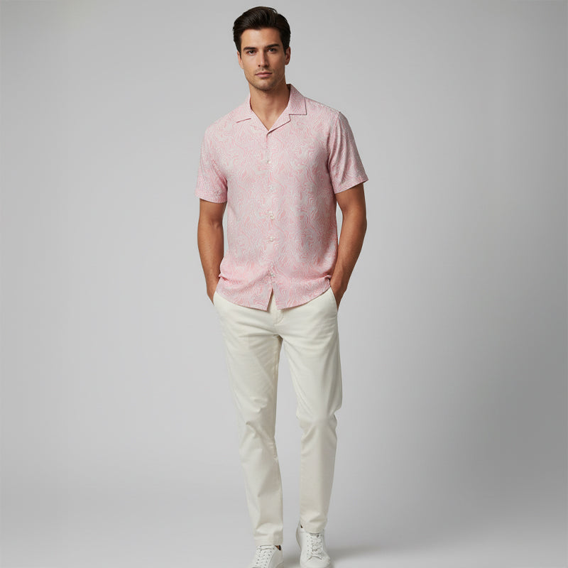 Soft Pink Swirl Printed Cuban Collar Half Sleeve Shirt For men