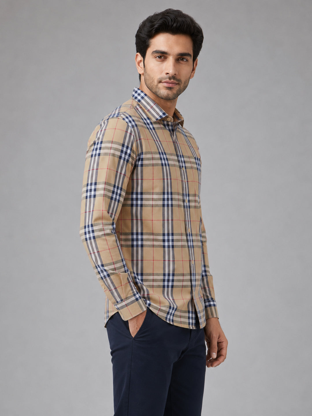 Mustard Tartan Check Cotton Shirt For Men