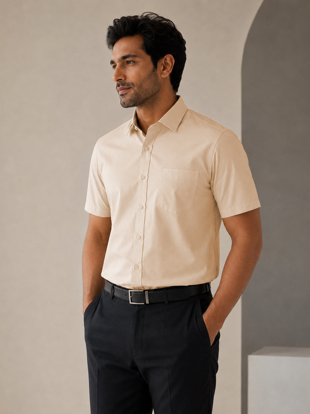 Half Sleeve Paper Cotton Soft Beige Shirt for Men