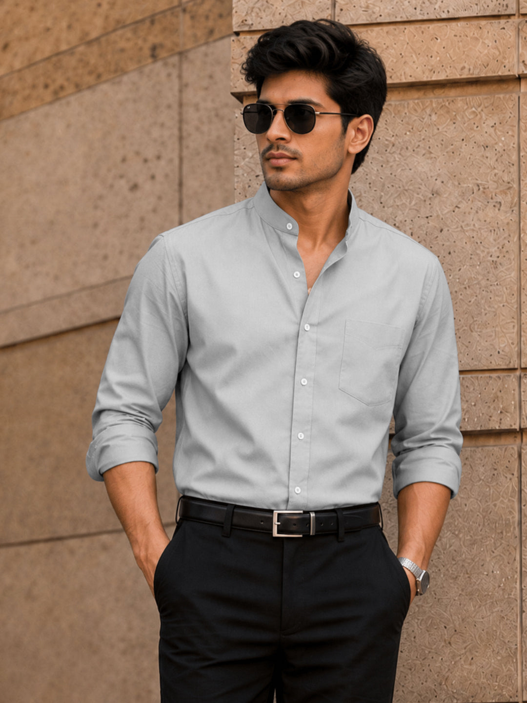Chinese Collar Silver Tailored Fit Cotton Casual Shirt for Man