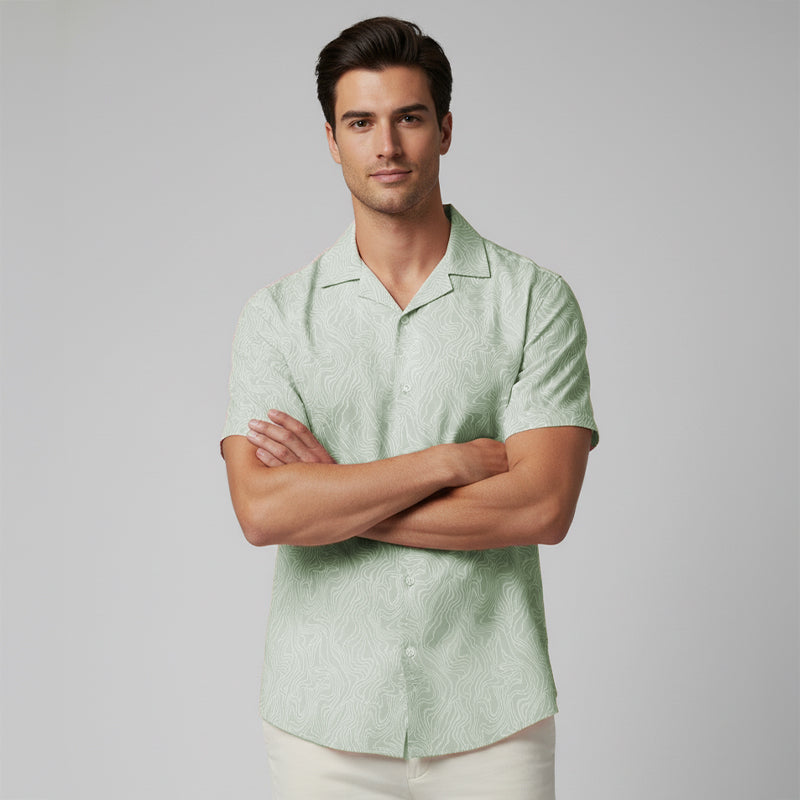 Green Swirl Printed Cuban Collar Half Sleeve Shirt For men