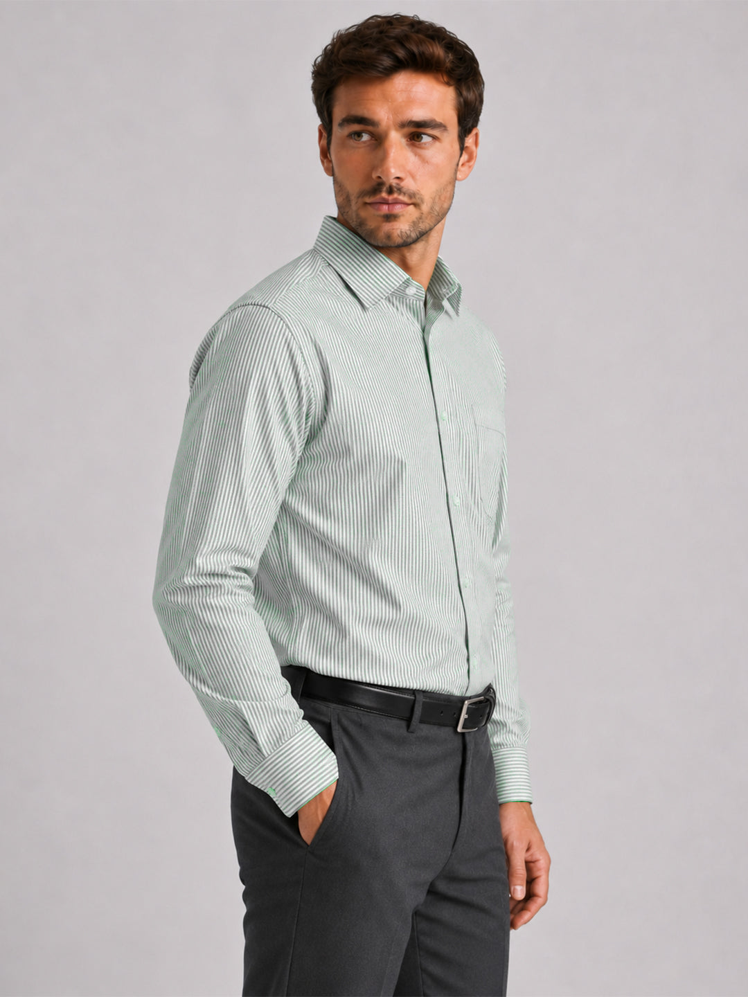Dark Green Stripe Oxford Shirt For Men
