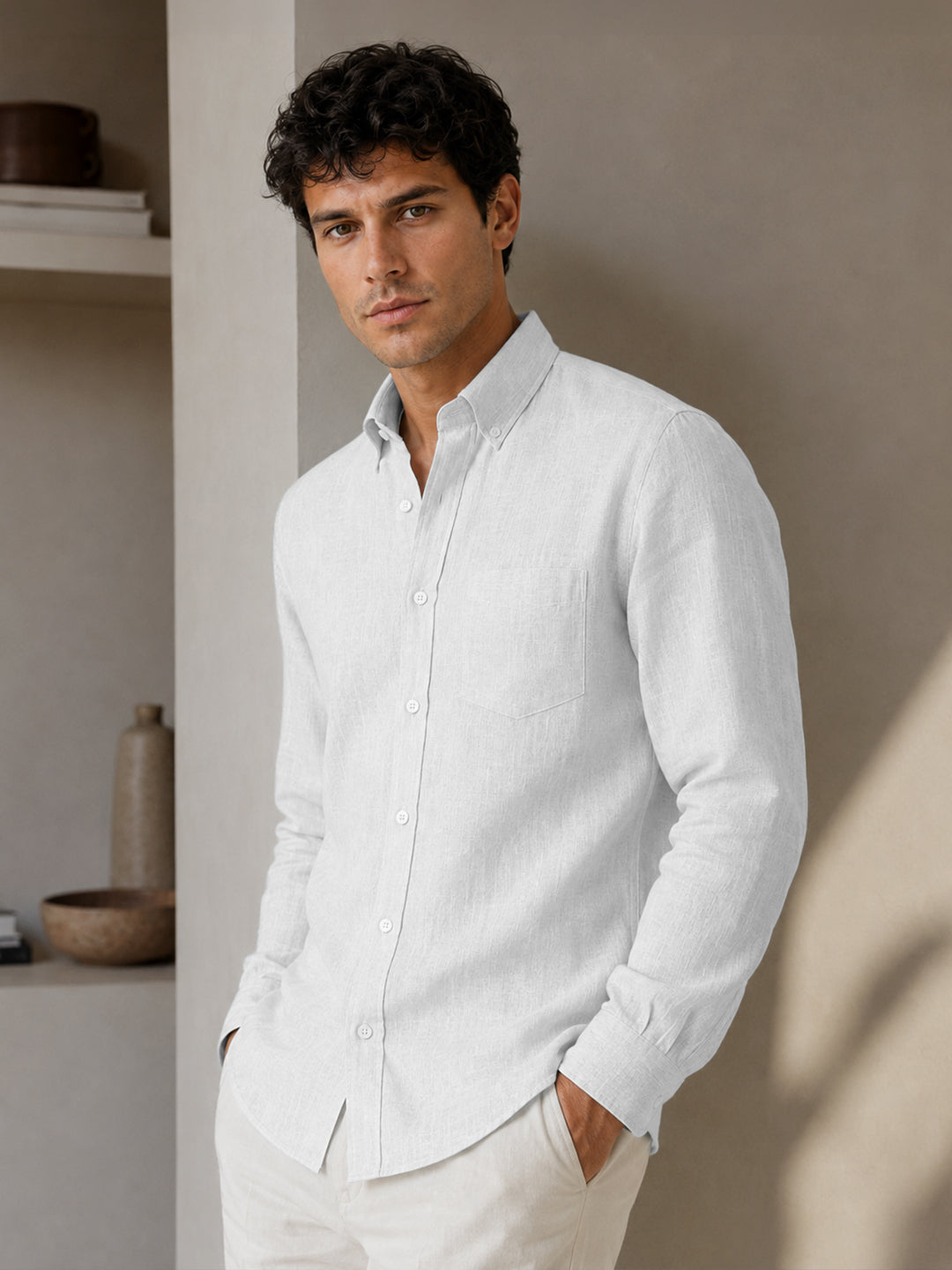 White Down Button Casual Linen Shirt