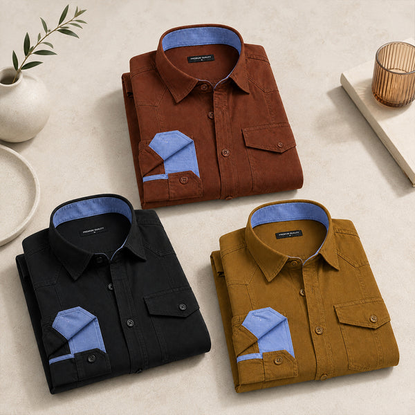 Pack Of 3 Cargo Style Mehendi, Black & Brown Shirt