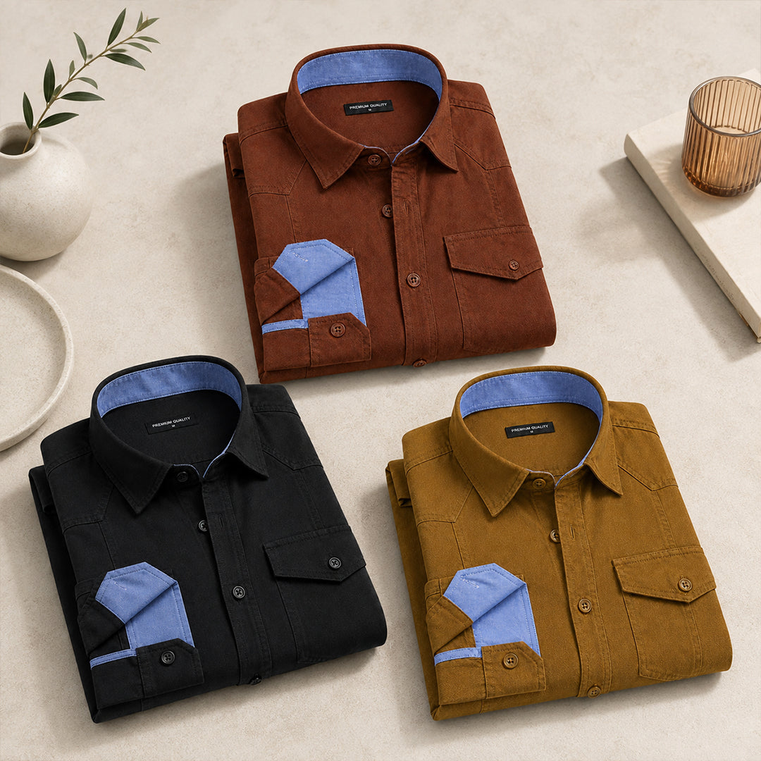 Pack Of 3 Cargo Style Mehendi, Black & Brown Shirt