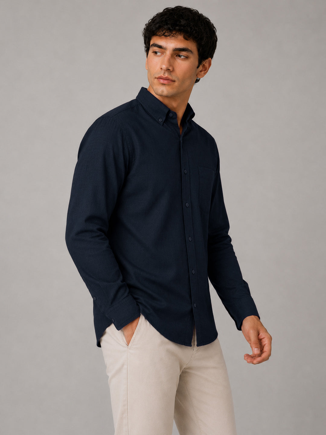Navy Blue Linear Linen Shirt