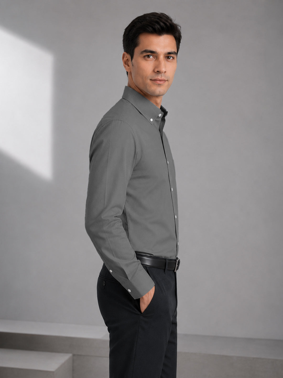 Dark Grey Satin Contrast Collar Shirt for Men