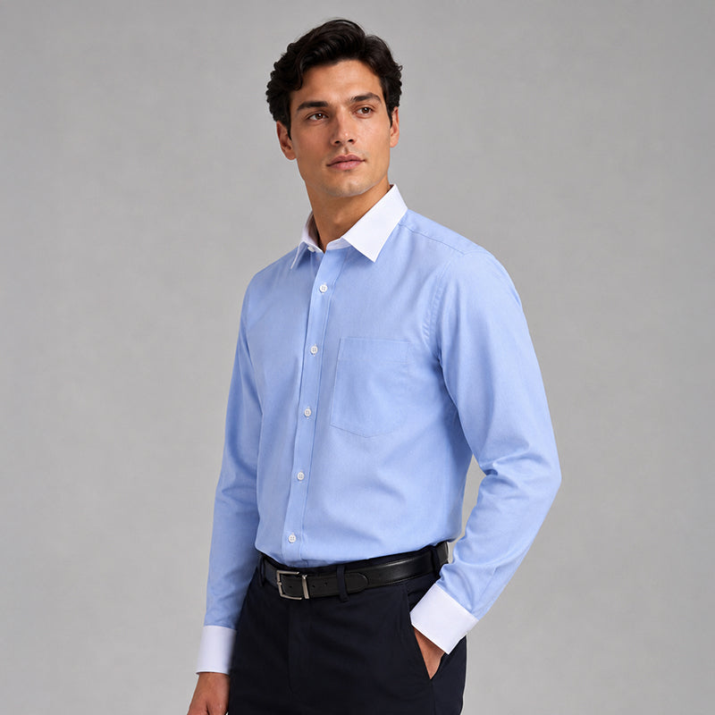 White Collar Denim Blue Oxford Cotton Shirt For Men